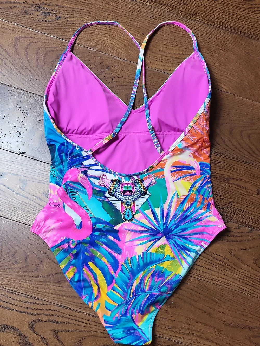 CAMILLA Flamenco Flamingo Crystal V Neck High Leg One Piece Swimsuit. Size M